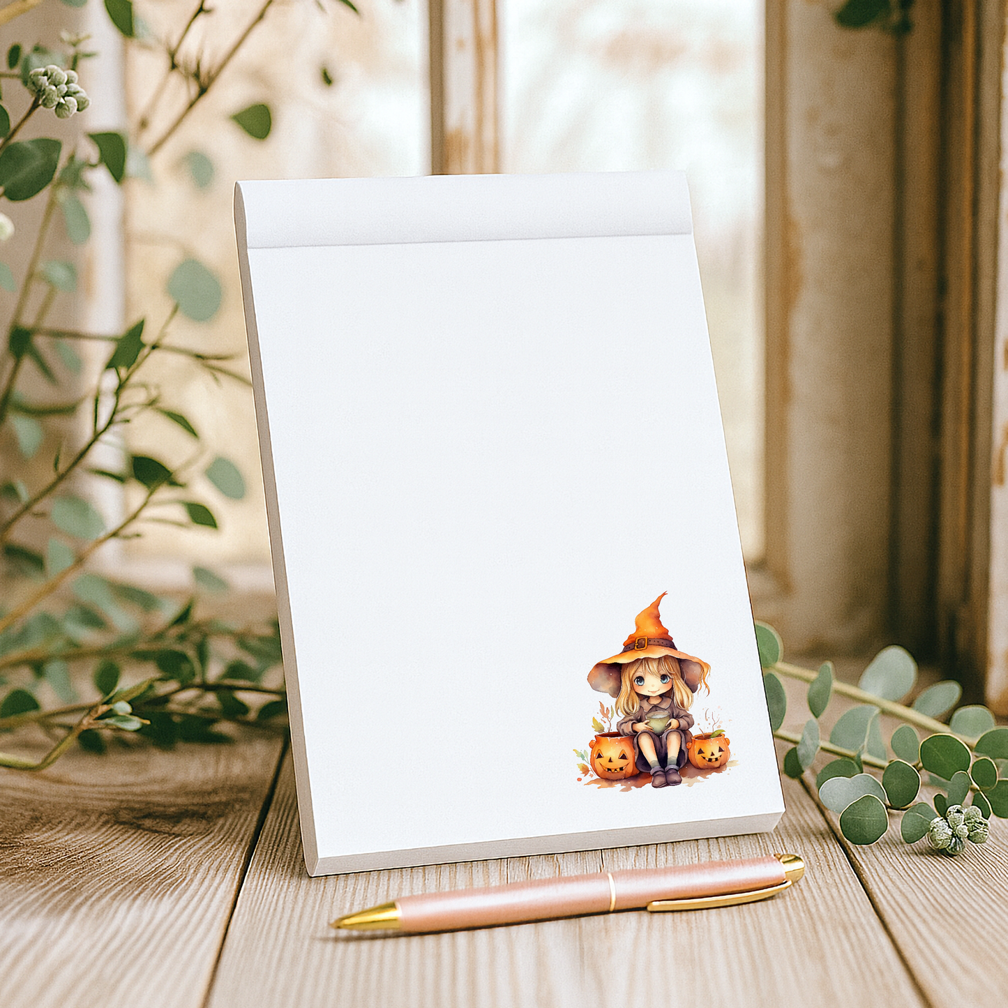 Cute Halloween witch notepad with pumpkins, fun fall stationery pad for writing, lists, and seasonal notes
