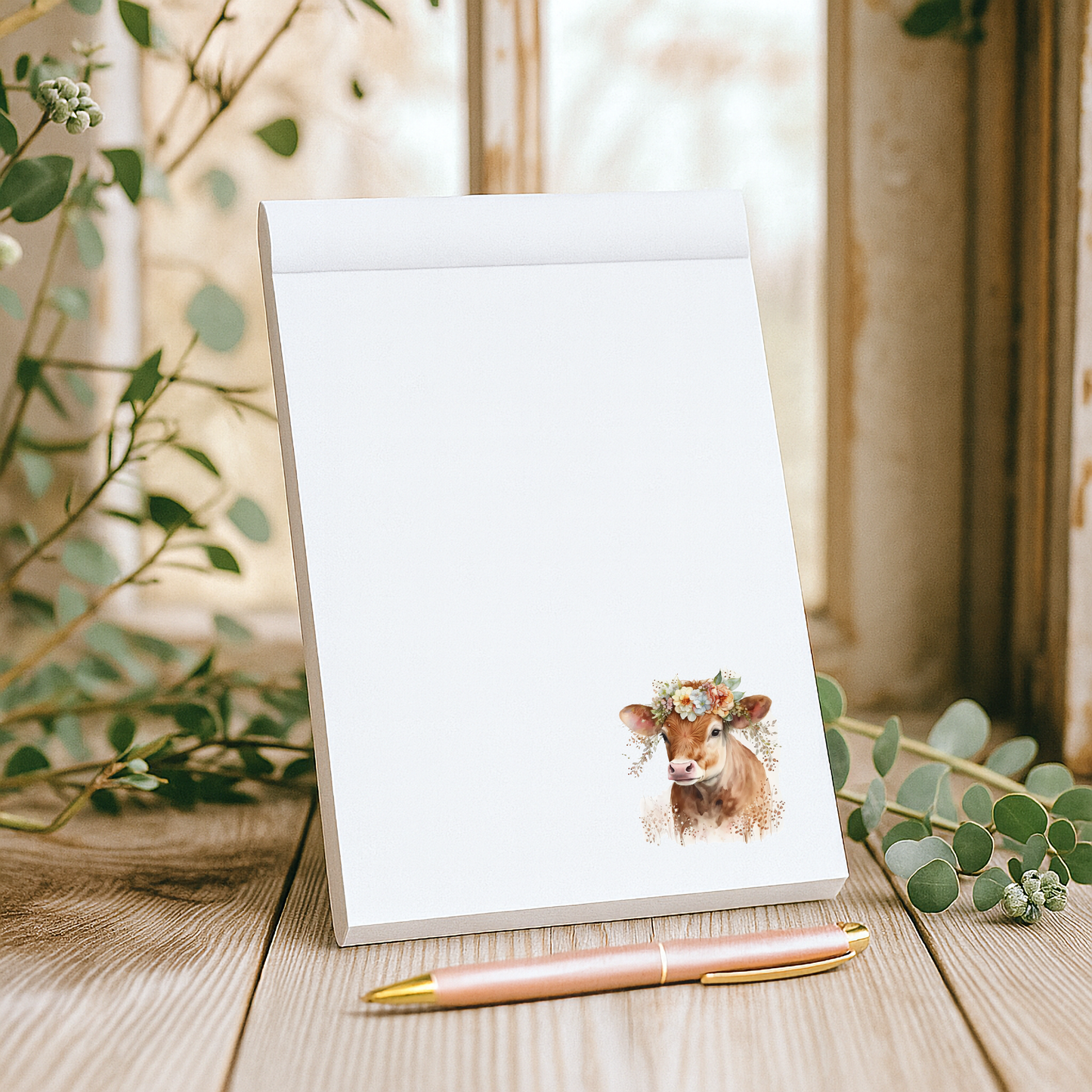 Fun farmhouse cow notepad with floral crown calf, rustic country stationery pad for notes, lists, and daily writing.