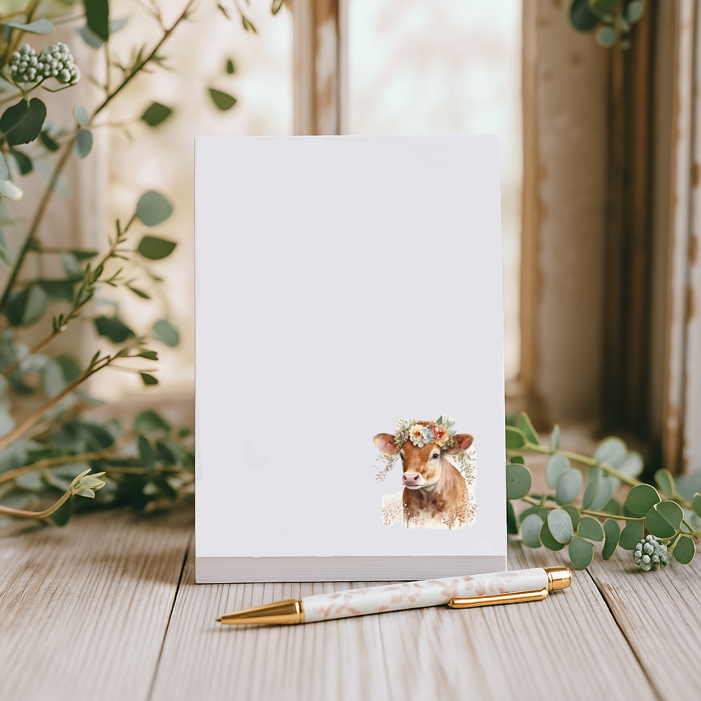 Fun farmhouse cow notepad with floral crown calf, rustic country stationery pad for notes, lists, and daily writing.