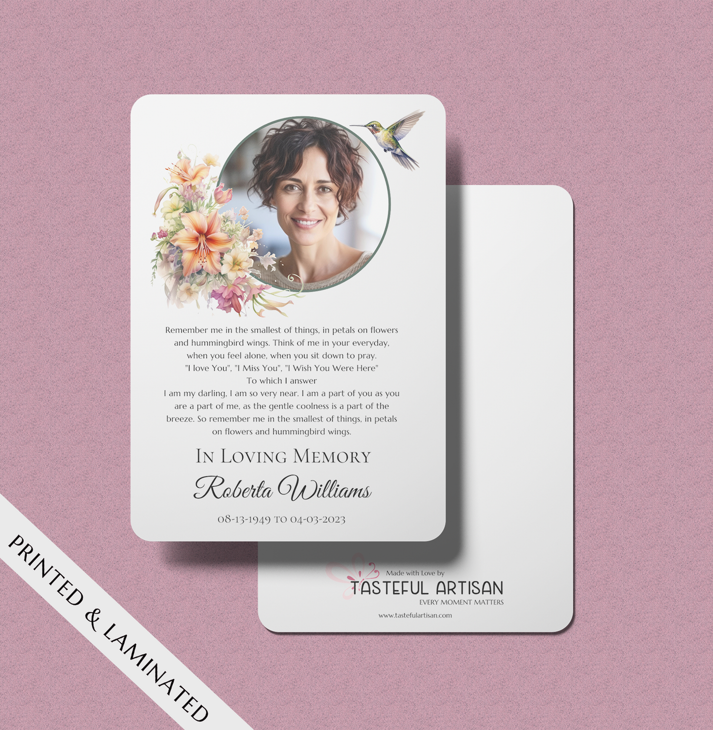 Personalized Memorial Prayer Card – Celebration of Life Dragonfly Photo Tribute