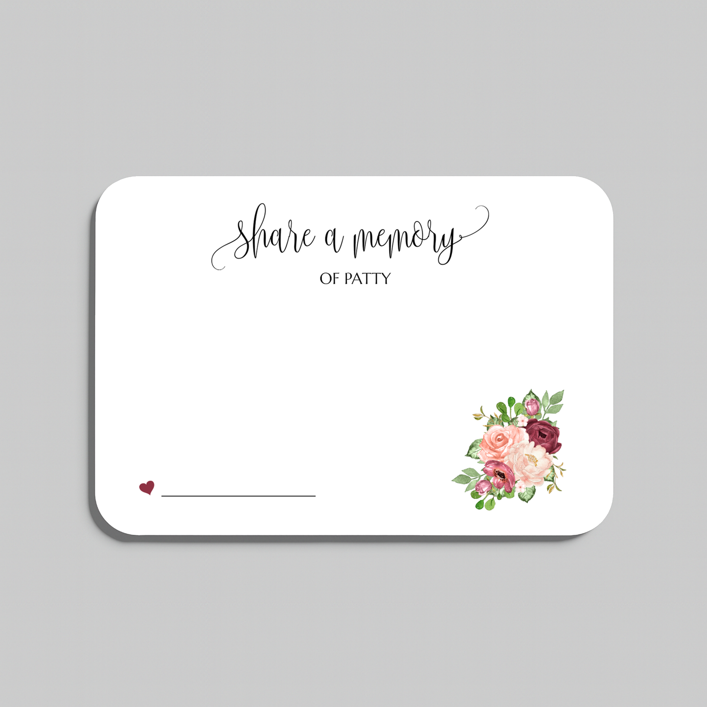 Personalized share a memory cards for funerals and memorial services, designed for guests to write memories and messages. Features a bouquet of marsala florals.