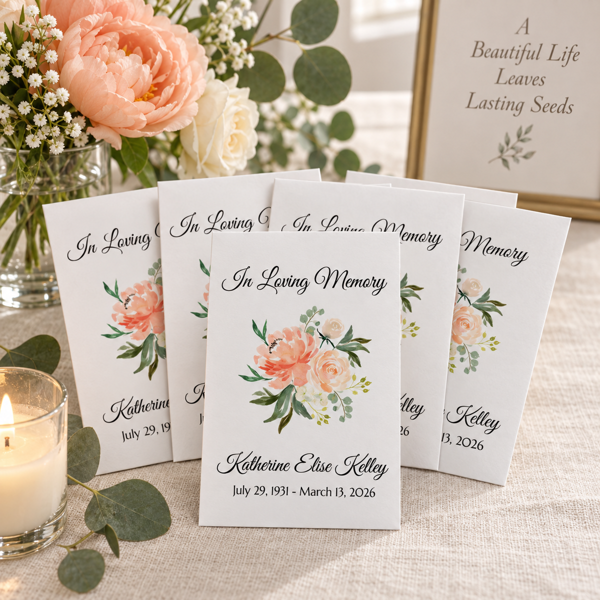 Personalized Memorial Seed Packets, Peach Peony Wildflower Funeral Favors