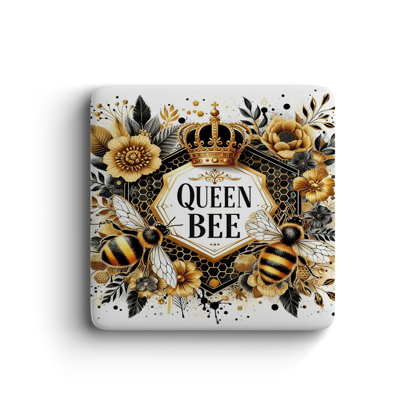 Queen Bee magnet with gold crown, flowers, bees, and honeycomb pattern