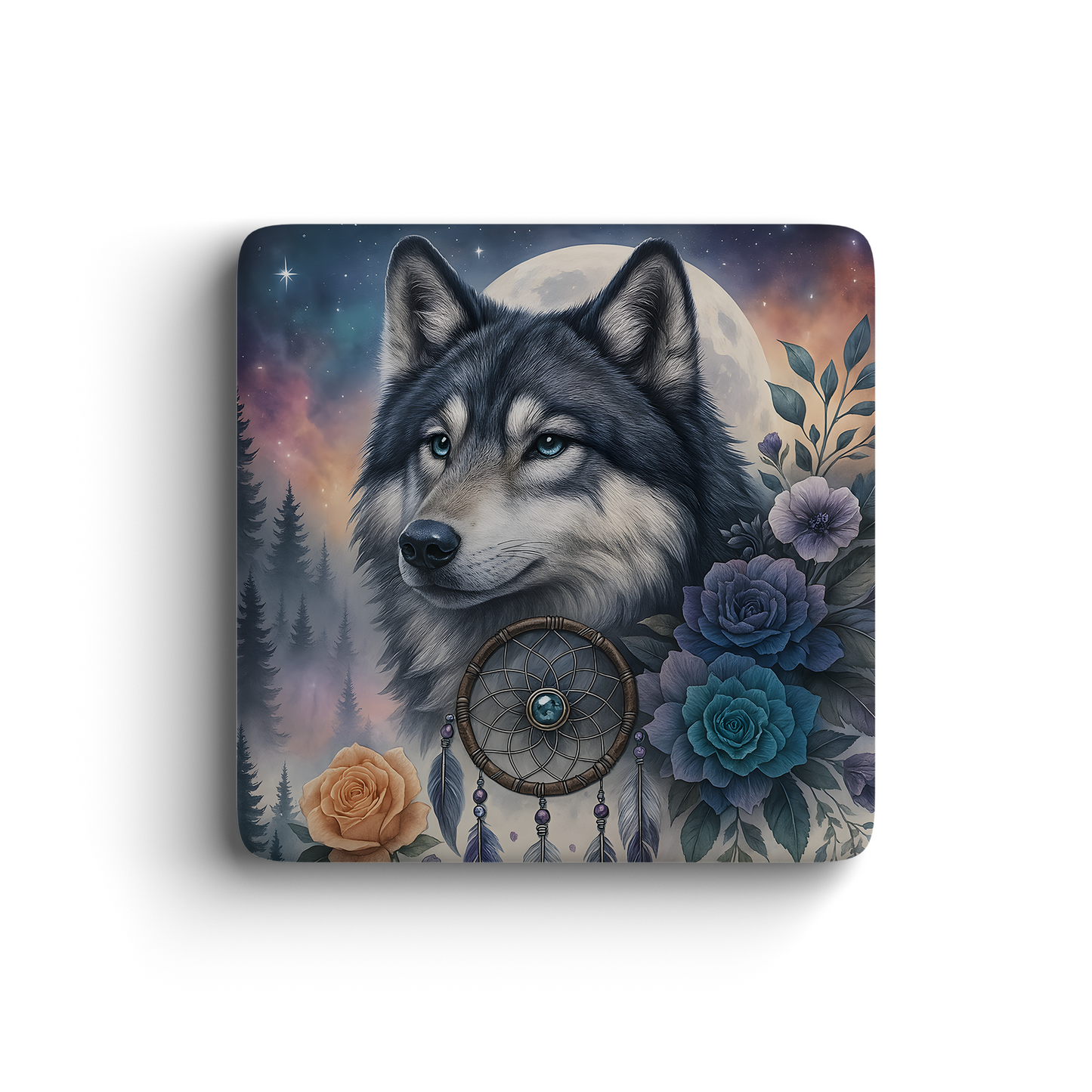 Playful gray wolf magnet surrounded by colorful wildflowers on a pink background, perfect for brightening magnetic spaces.