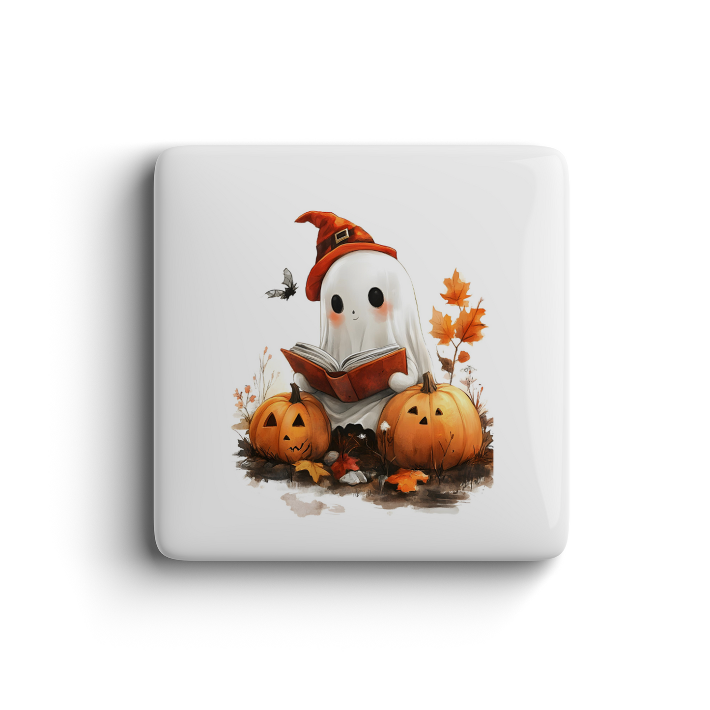 Playful ghost wearing witch hat reading book with pumpkins and autumn leaves, cute Halloween magnet