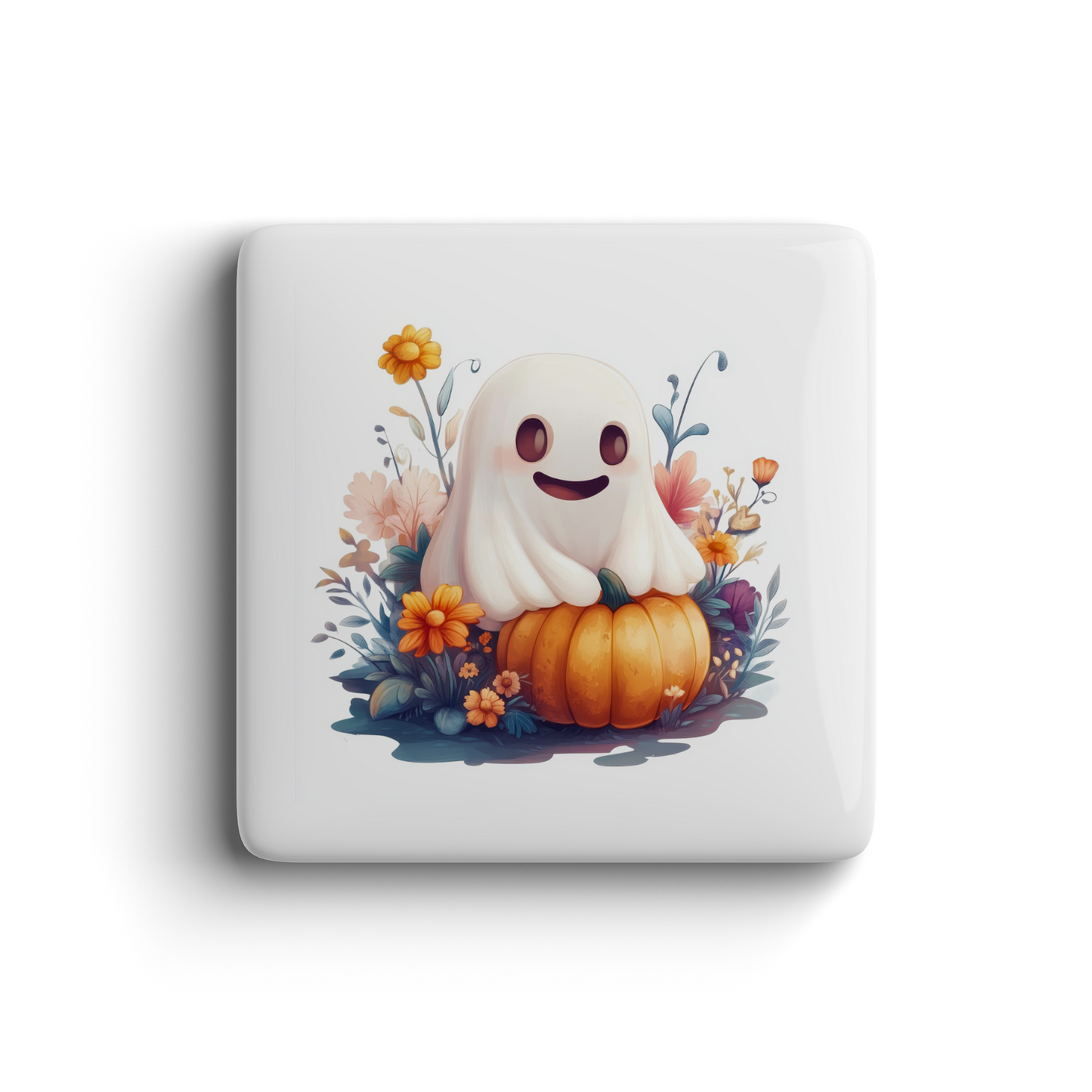 Cute smiling ghost sitting on pumpkin surrounded by colorful fall flowers on playful magnet