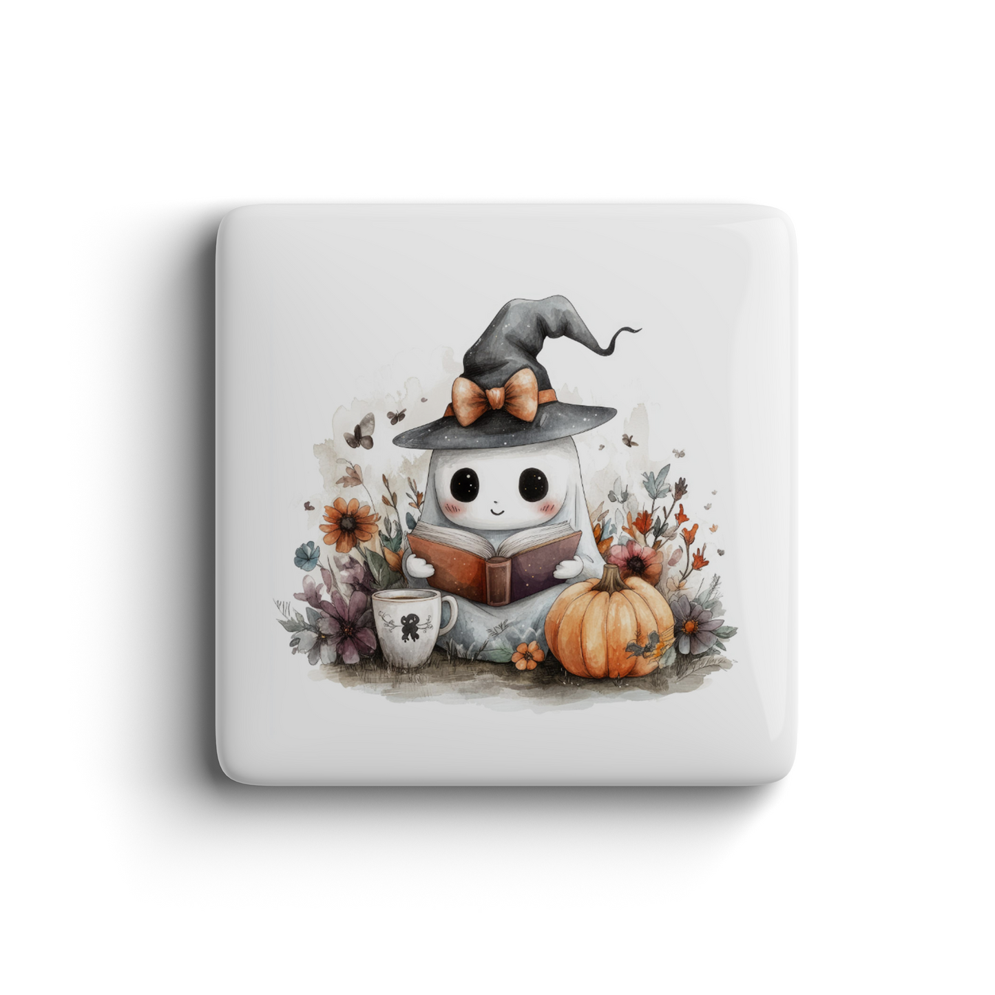 Playful magnet with cute ghost wearing witch hat reading book with pumpkin and flowers