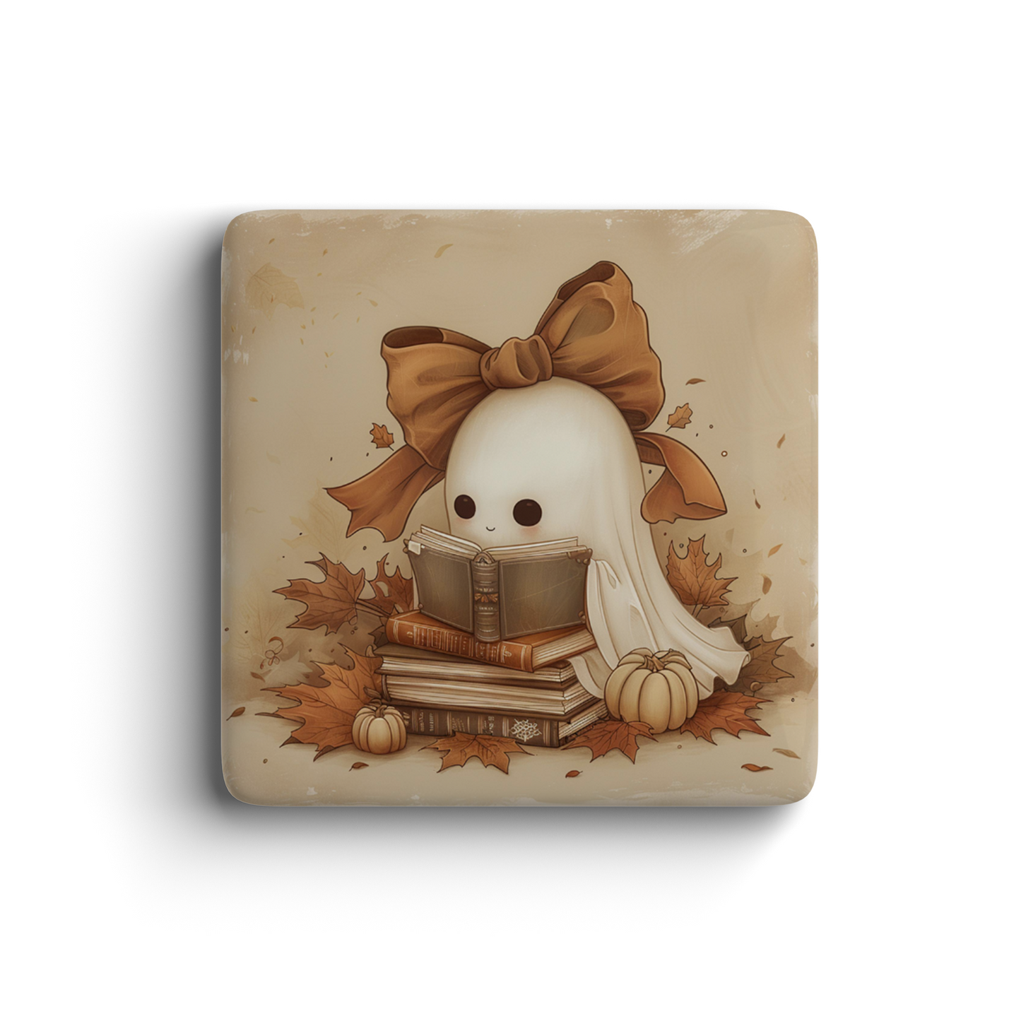 Cute ghost character with a bow, books, and pumpkins on a beige background