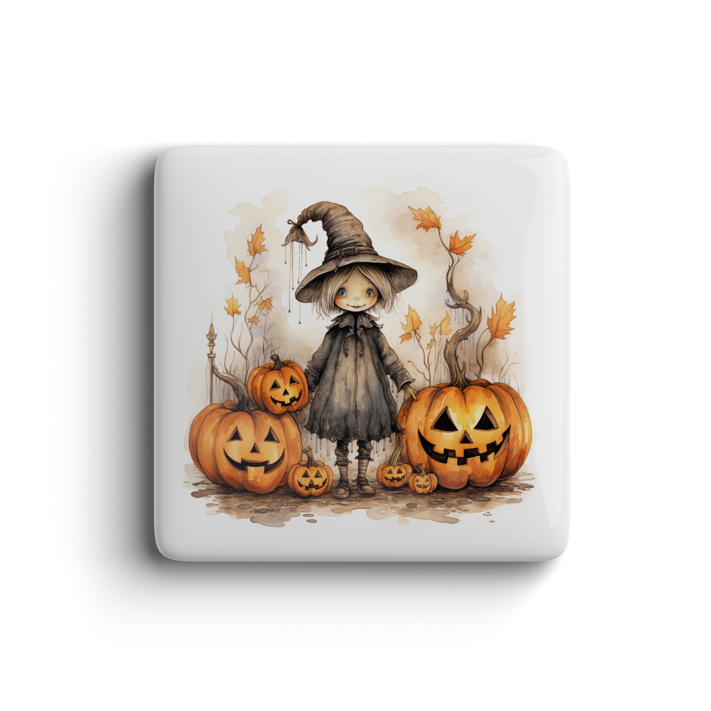 Fun magnet featuring cute witch in black dress and hat surrounded by smiling jack-o’-lanterns and autumn leaves