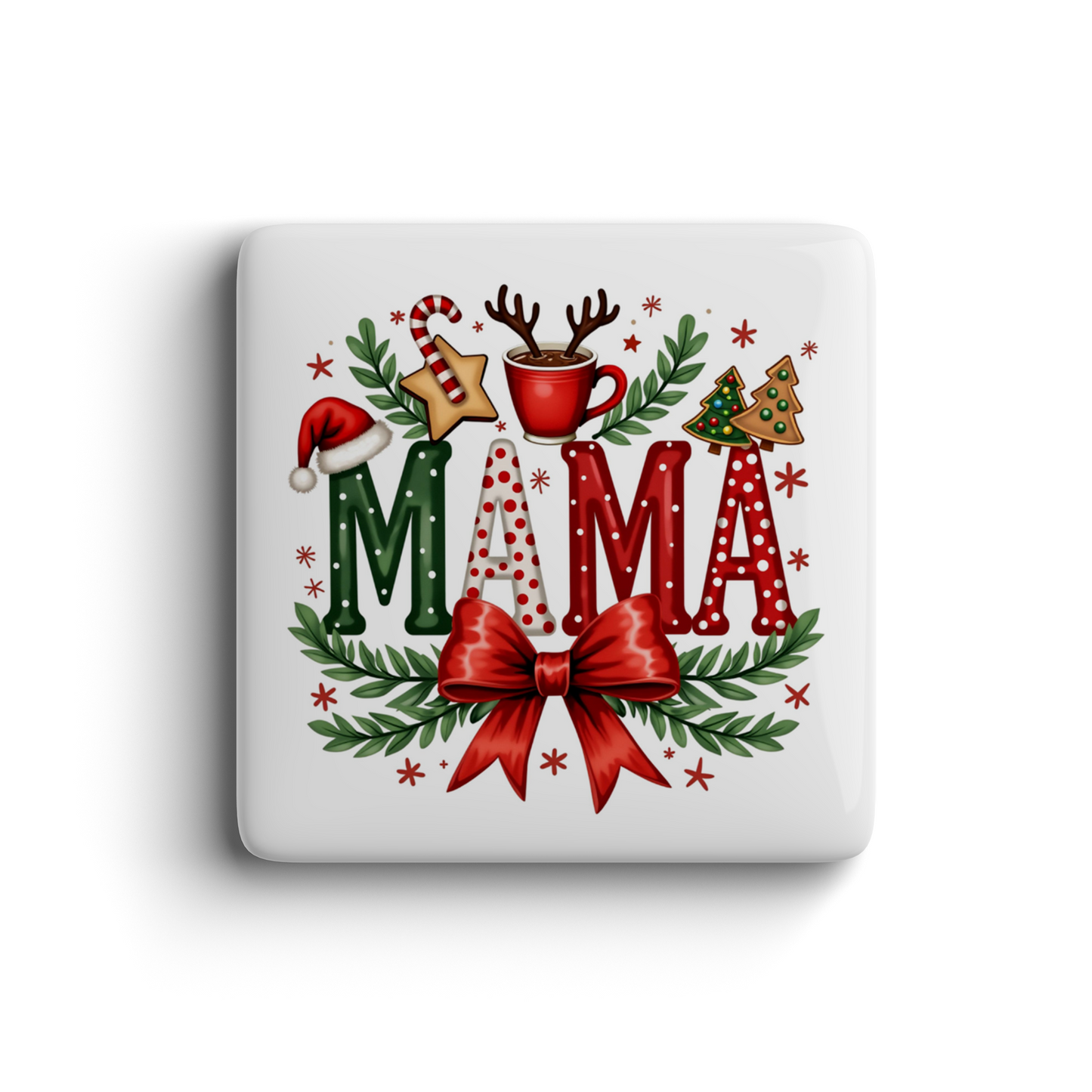 Playful Christmas magnet with “Mama” text, holiday icons, red bow, and festive greenery