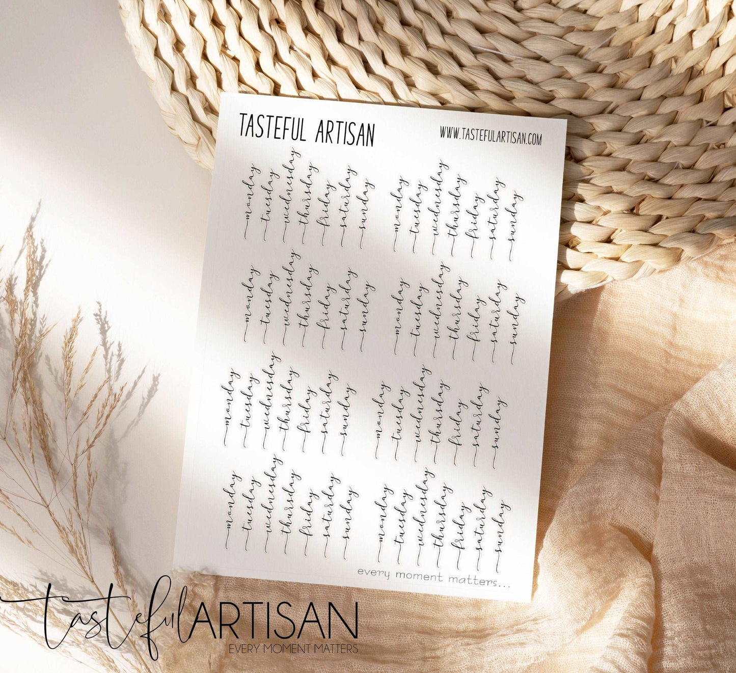 Days of the Week Tab Sticker Bullet Journal, fancy script, Planner Stickers