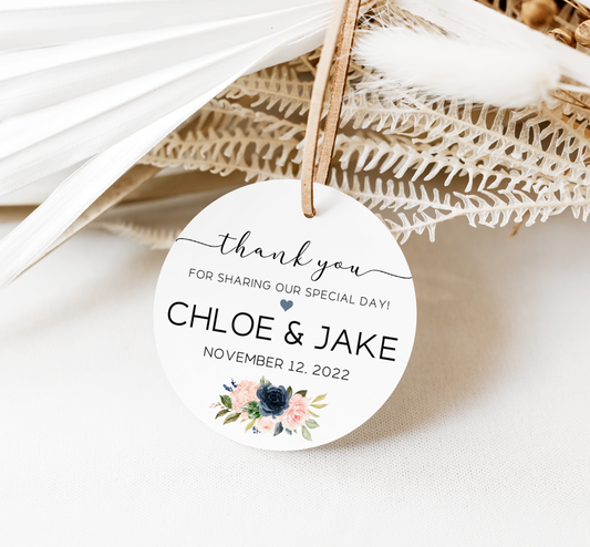 Navy and Pink Floral Favor Tag Labels for Wedding Guests