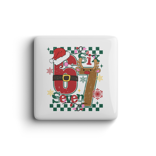 Playful Christmas 67 Magnet with Santa Hat & Reindeer Six Seven Grunge Design