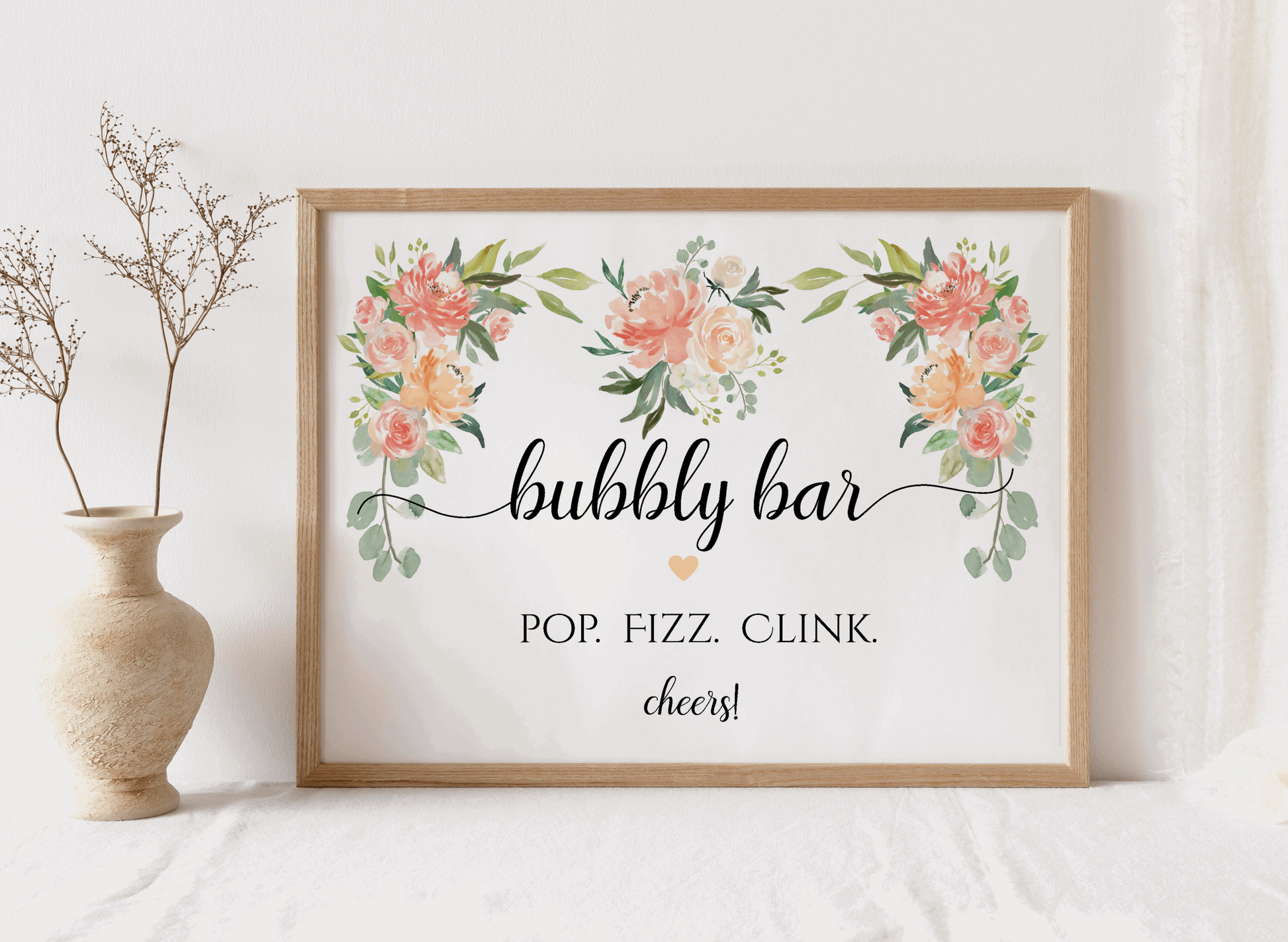 Bubbly Bar Sign Pop Fizz Clink Peach and Cream Peony