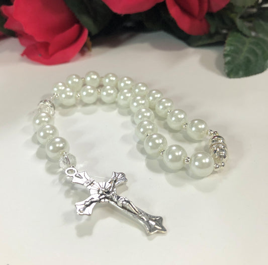 White Pearl Catholic Car Rosary