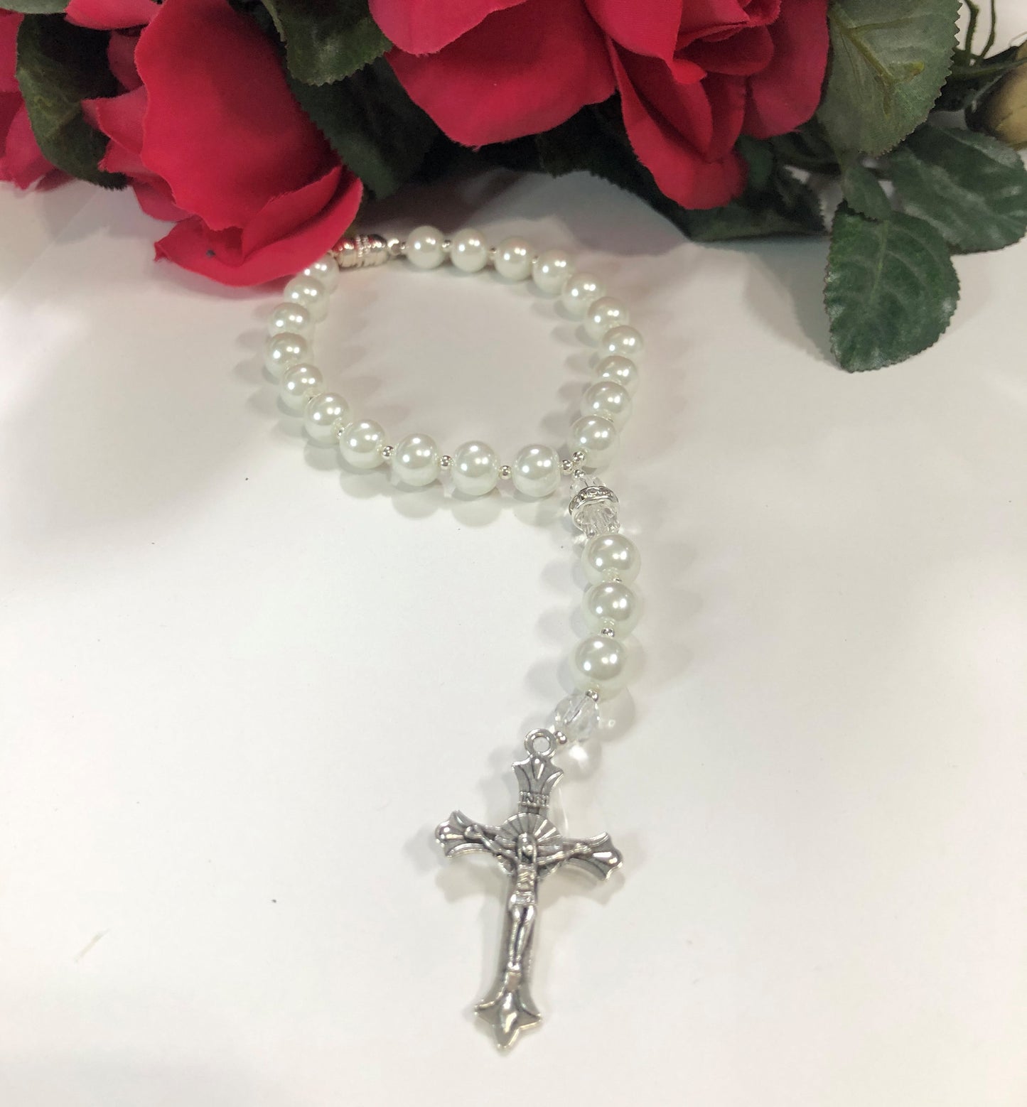 White Pearl Catholic Car Rosary