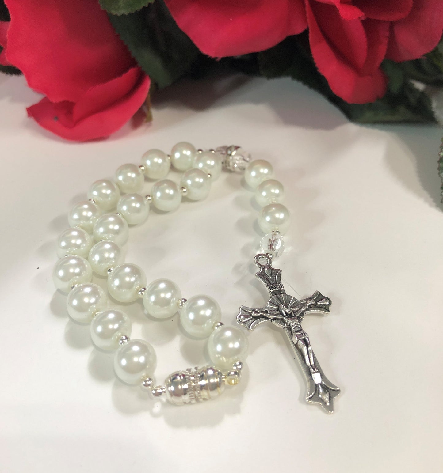 White Pearl Catholic Car Rosary