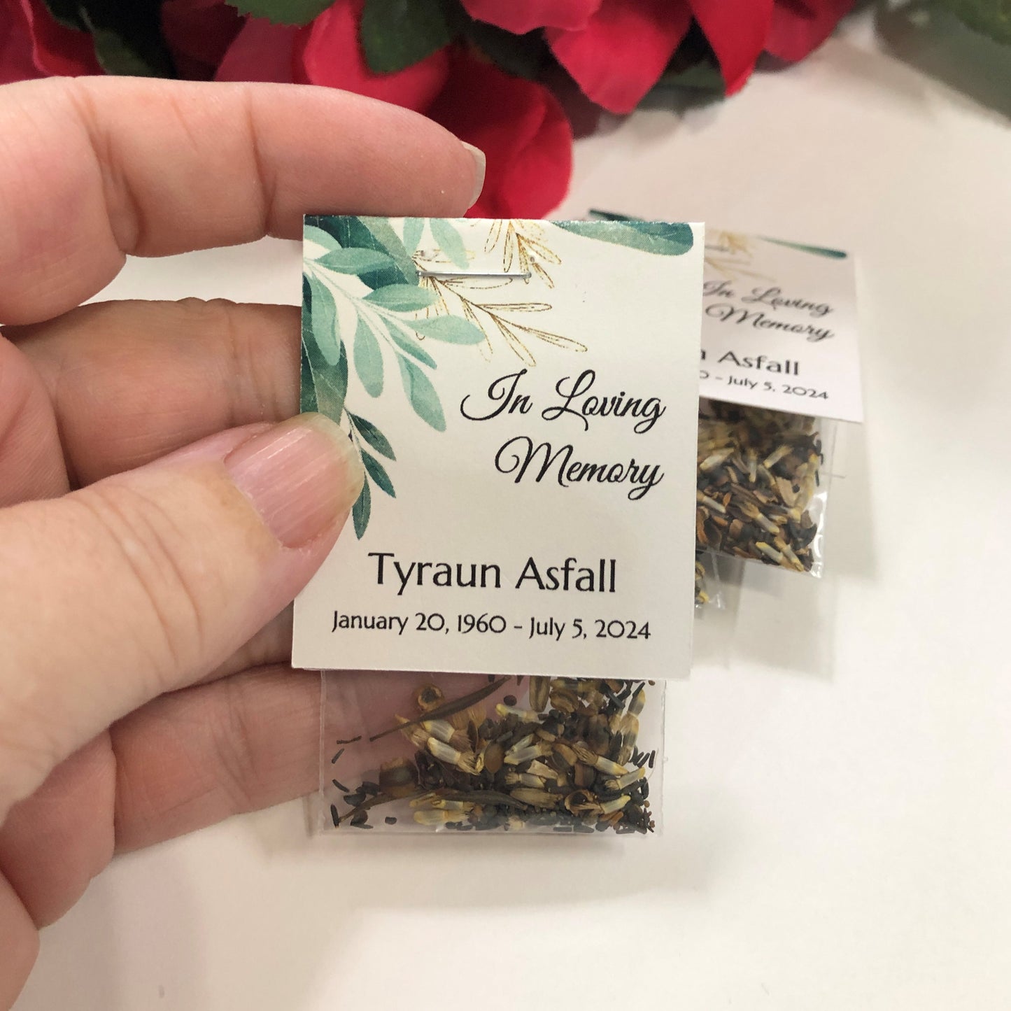 Elegant Greenery with Gold Accents Memorial Wildflower Funeral Seed Packets