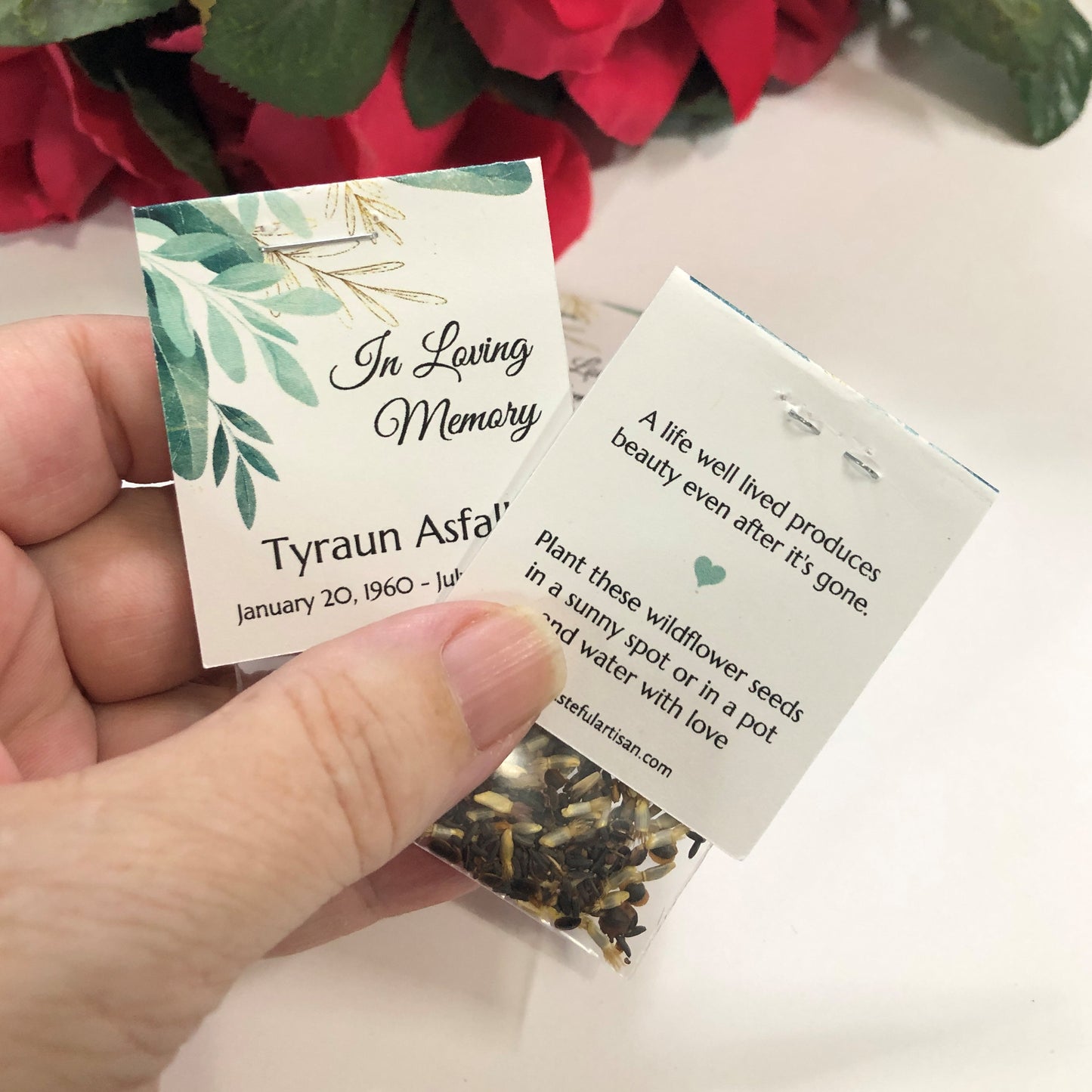 Elegant Greenery with Gold Accents Memorial Wildflower Funeral Seed Packets