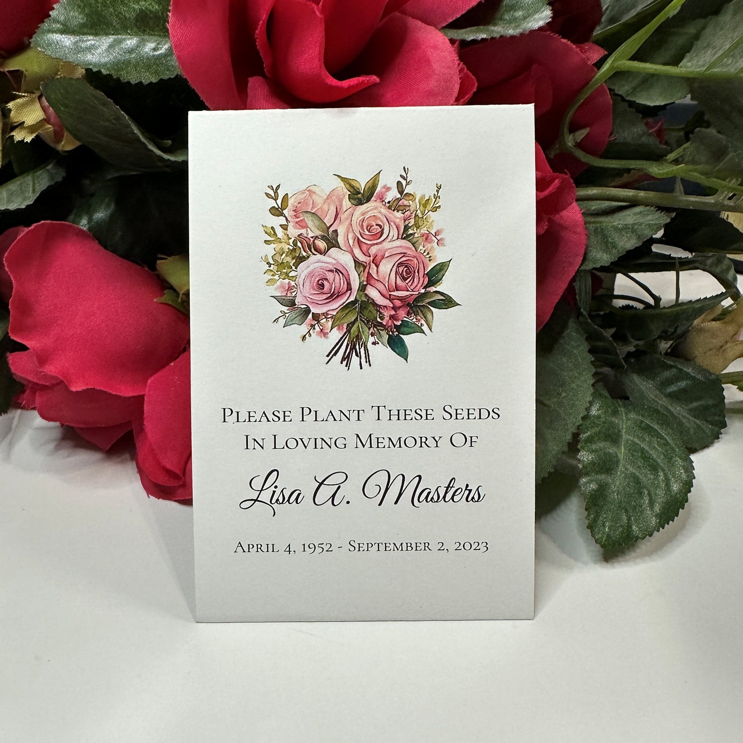 Wildflower Funeral Service Pink Rose Bouquet Personalized Seed Packets