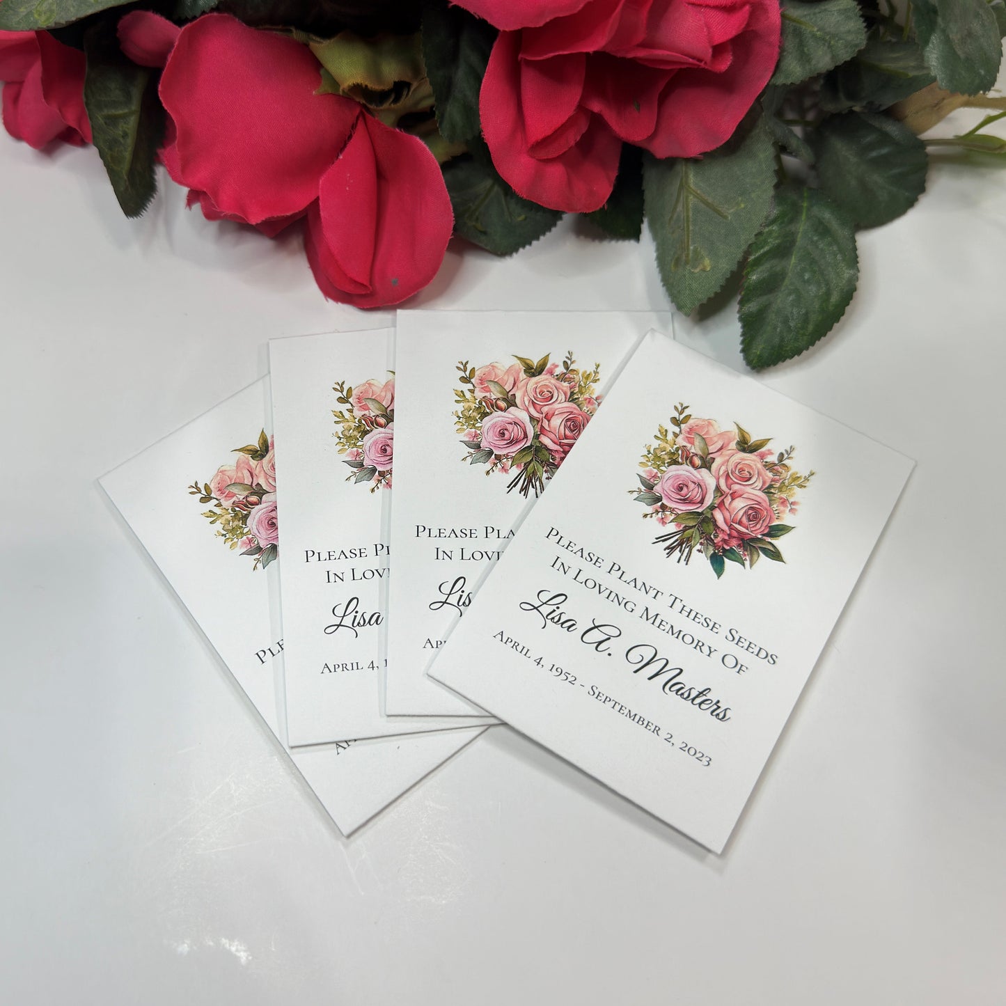 Wildflower Funeral Service Pink Rose Bouquet Personalized Seed Packets