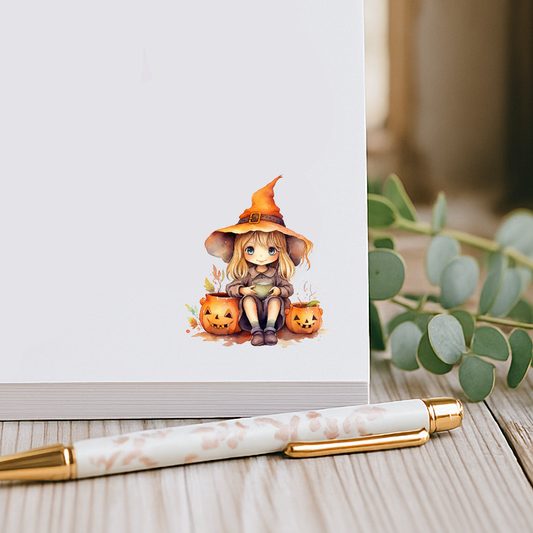 Cute Halloween witch notepad with pumpkins, fun fall stationery pad for writing, lists, and seasonal notes