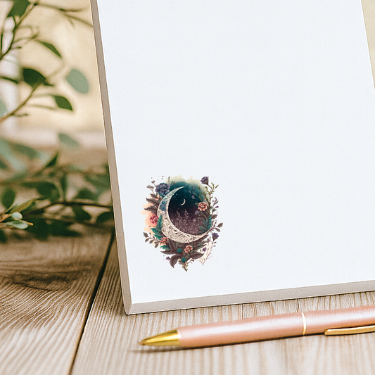Decorative card with a crescent moon design on a wooden surface with a pen and leaves.