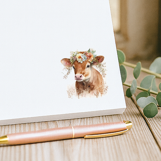Fun farmhouse cow notepad with floral crown calf, rustic country stationery pad for notes, lists, and daily writing.