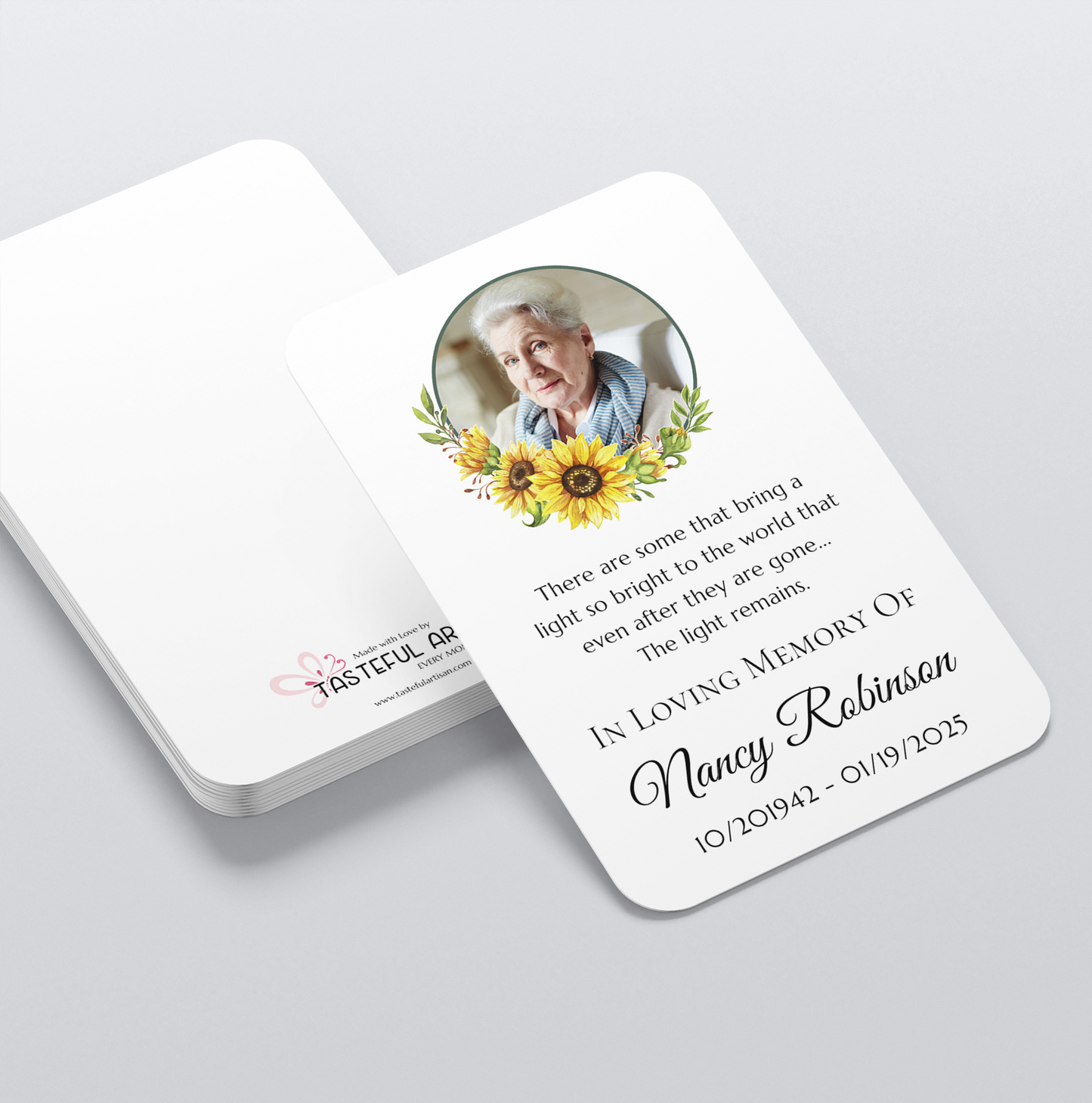 Laminated sunflower funeral prayer card featuring a personalized memorial photo, comforting remembrance verse, name and dates.