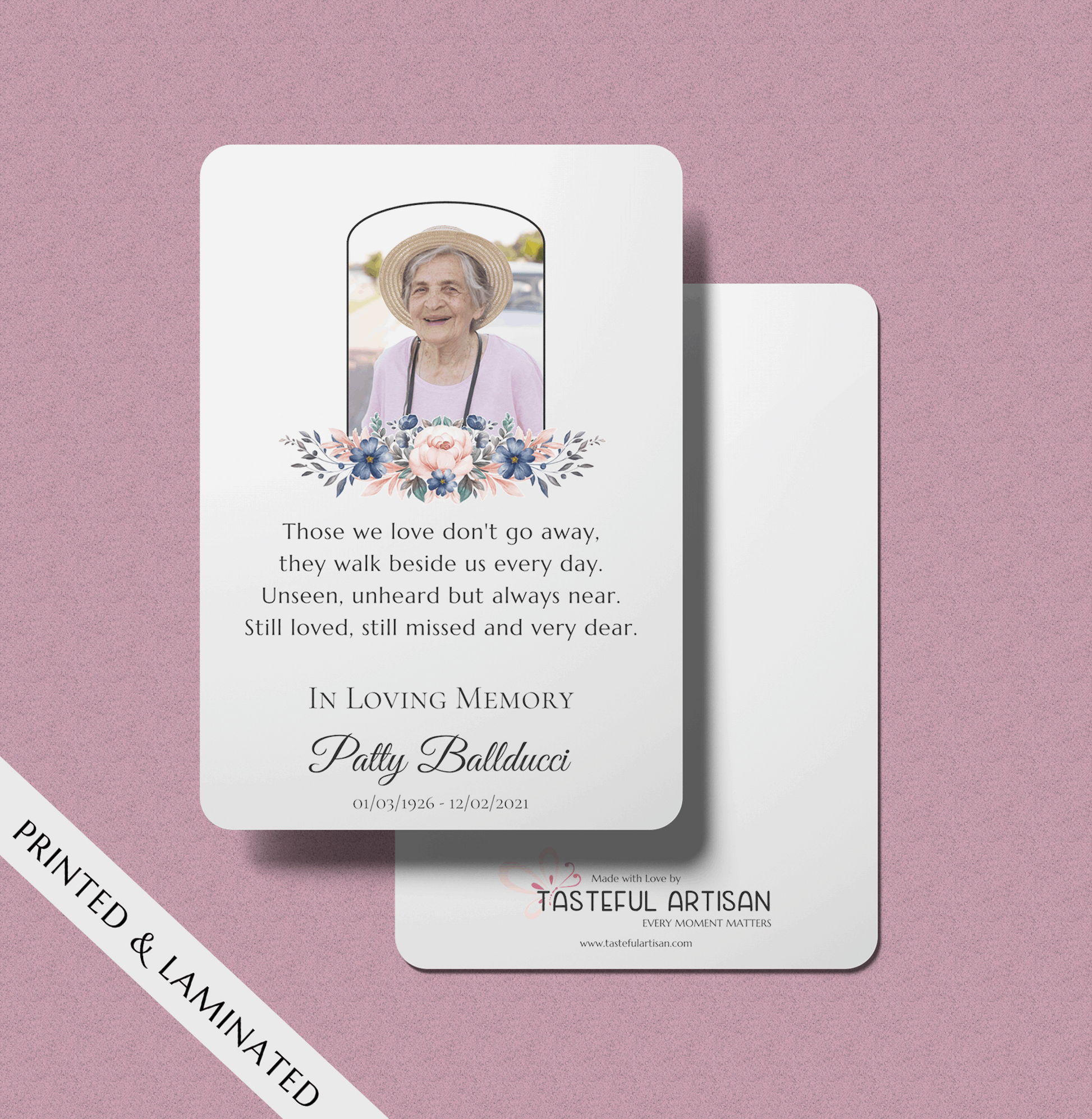 Pink & Blue Floral Bouquet Personalized Photo Memorial Prayer Card