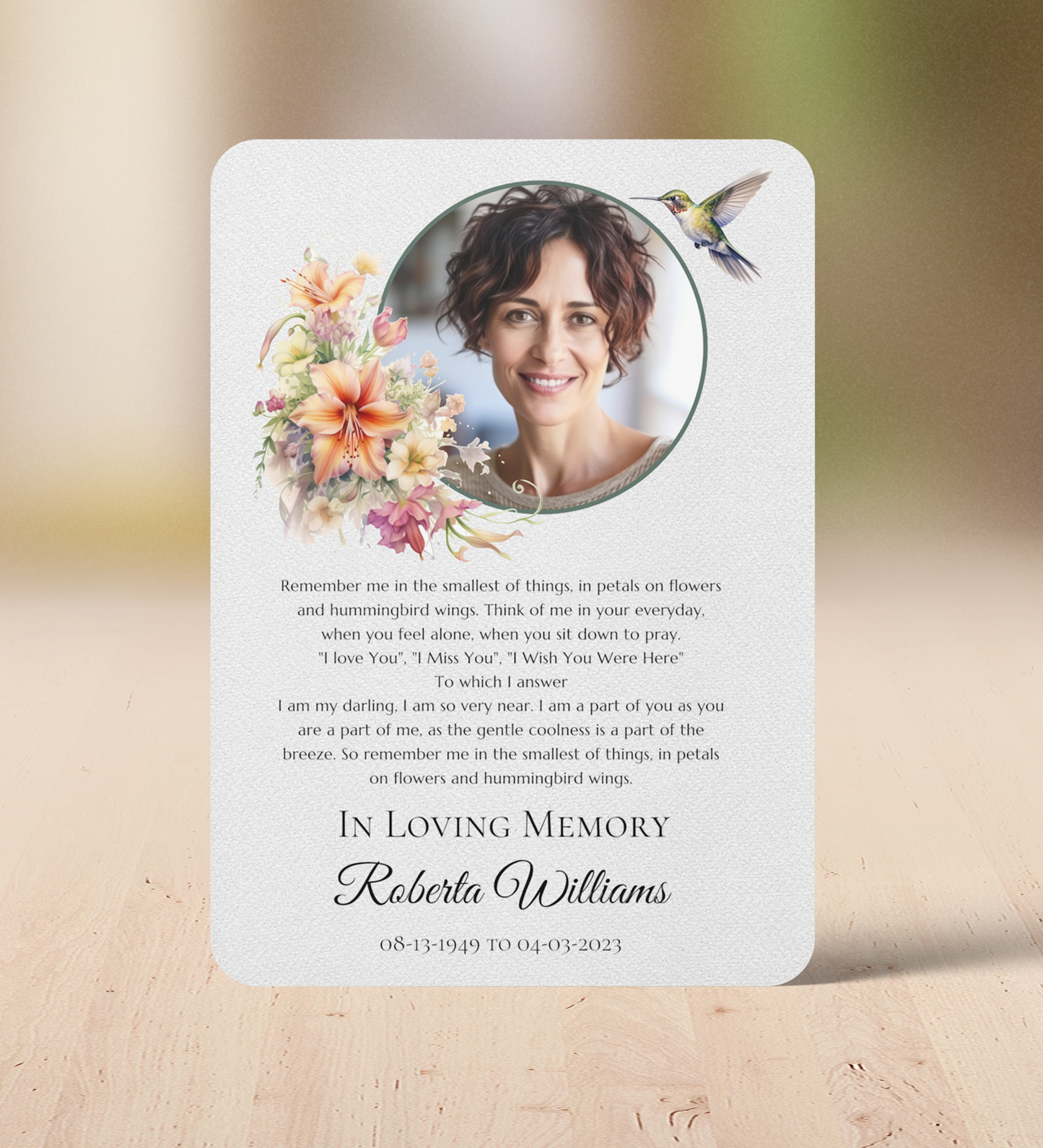 Personalized Memorial Prayer Card – Celebration of Life Dragonfly Photo Tribute