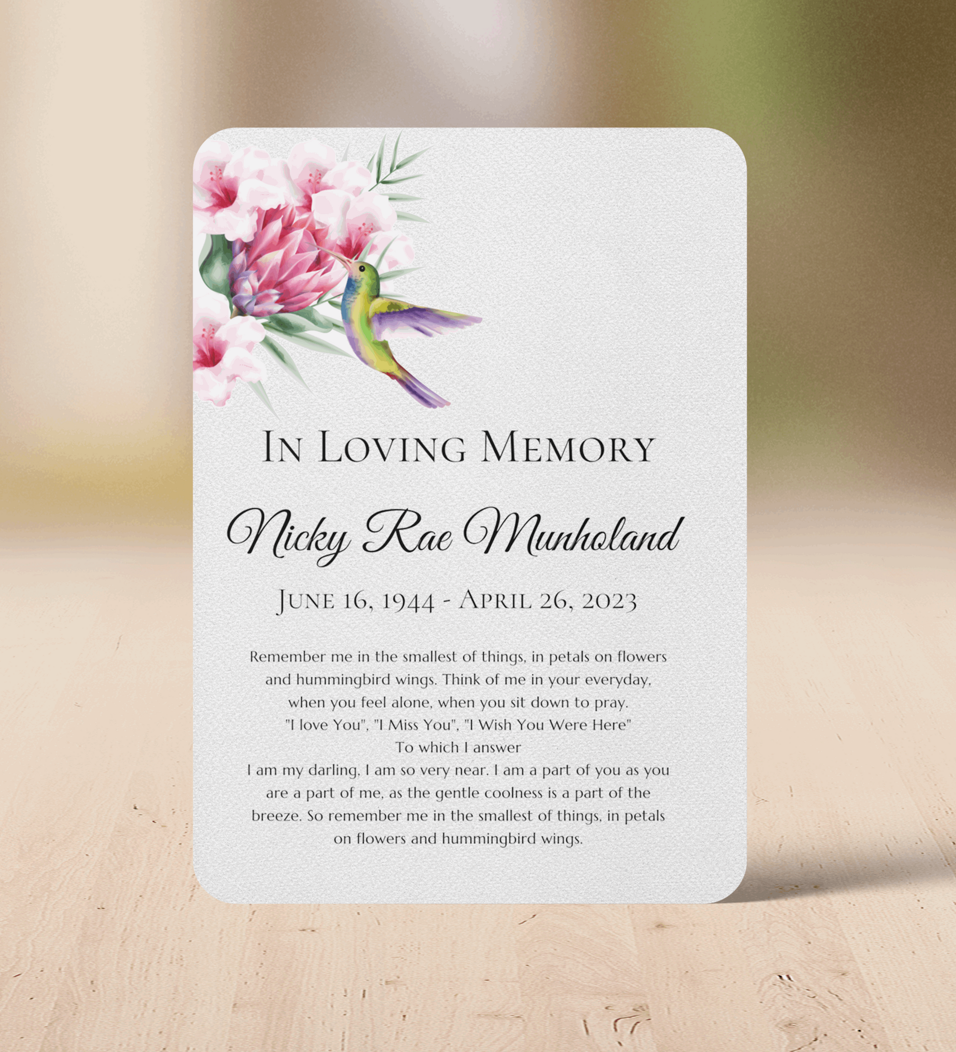 Hummingbird Personalized Memorial Prayer Card