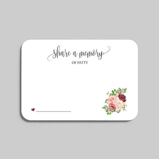 Personalized share a memory cards for funerals and memorial services, designed for guests to write memories and messages. Features a bouquet of marsala florals.