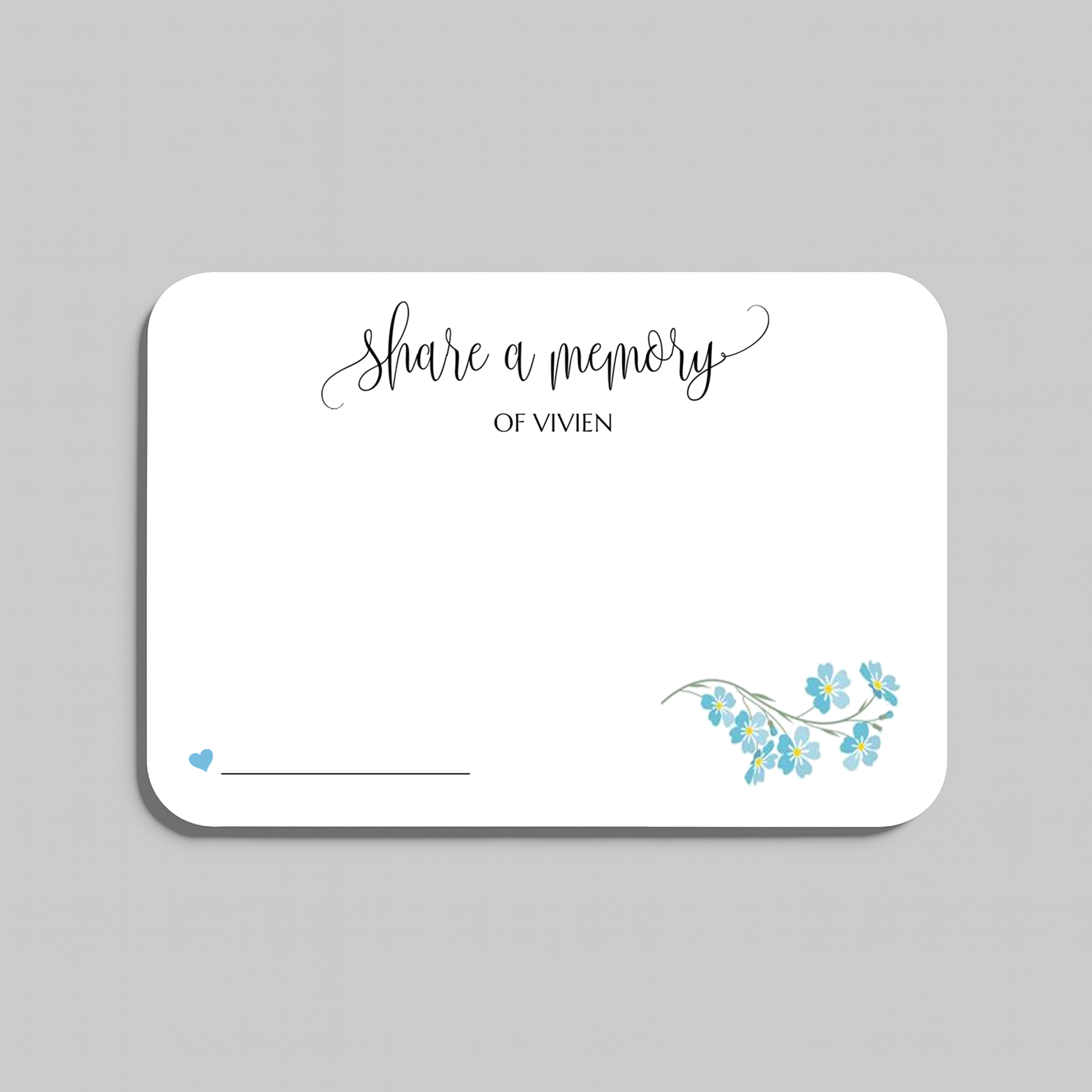 Personalized share a memory cards featuring a sprig of blue forget me not watercolor flowers