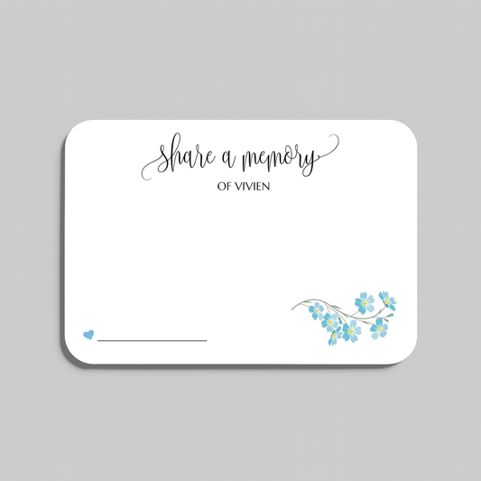 Personalized share a memory cards featuring a sprig of blue forget me not watercolor flowers