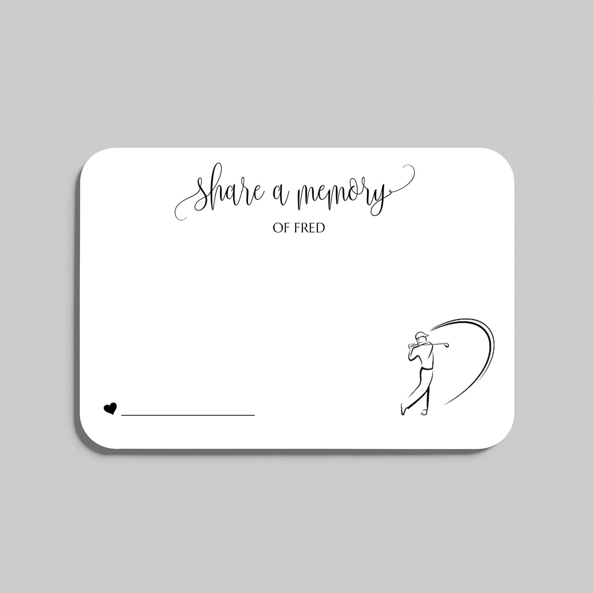 A white rectangular memorial card with rounded corners, featuring the printed text 'share a memory' in black script and serif fonts, along with a simple black line drawing of a person holding a golf club. The card is shown on a light gray background.