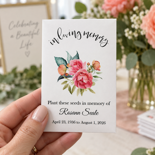Personalized tropical floral memorial seed packet filled with forget-me-not seeds for a funeral or celebration of life