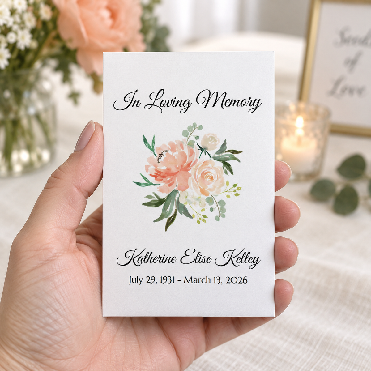 Personalized Peach Peony memorial wildflower seed packet for a funeral, celebration of life or remembrance service
