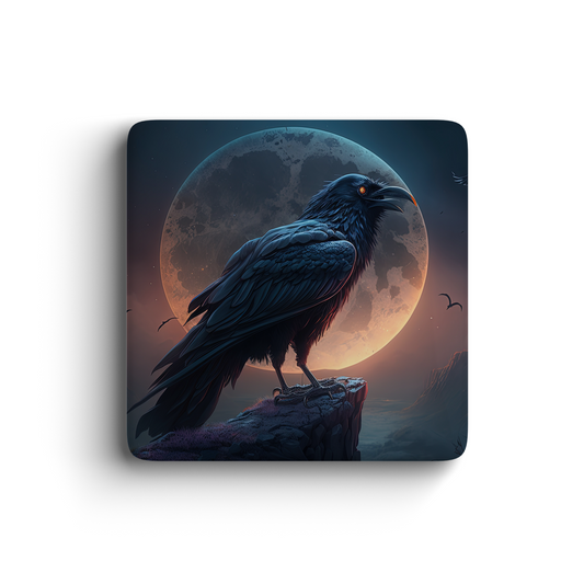 Raven perched on cliff with full moon gothic art magnet