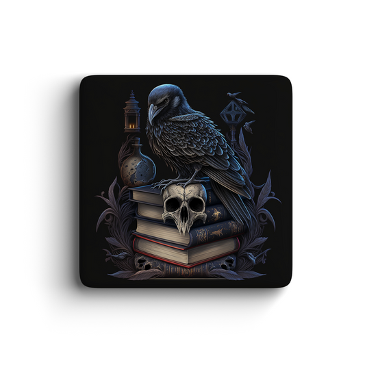 Gothic magnet with raven, skull, and vintage books on black background