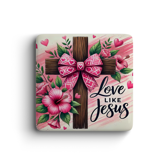 Wood cross magnet with pink bow, hibiscus flowers, hearts, and  Love Like Jesus text