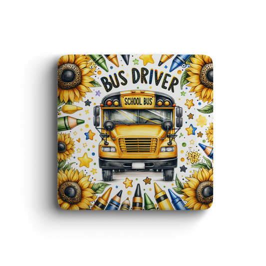 Yellow school bus magnet with sunflowers, crayons, and stars for bus drivers