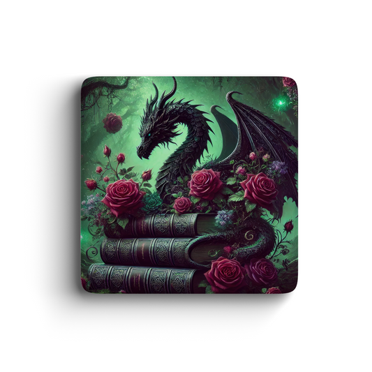 Black dragon with roses on vintage books fantasy art magnet