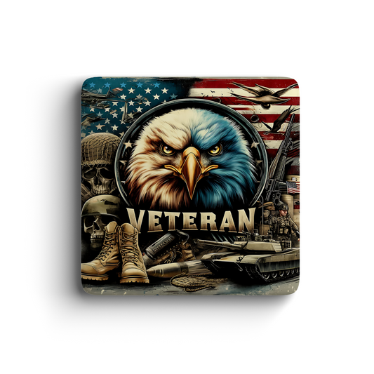 Fun veteran magnet featuring bold eagle, USA flag, tanks, boots, and soldier