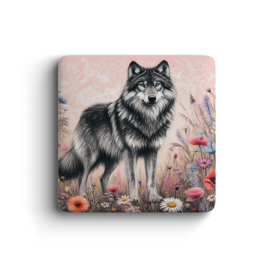 Gray wolf magnet surrounded by colorful wildflowers on soft pink background