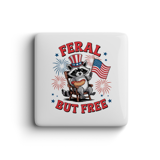 Funny Feral But Free raccoon magnet with USA flag, hot dog, fireworks, patriotic 4th of July decor