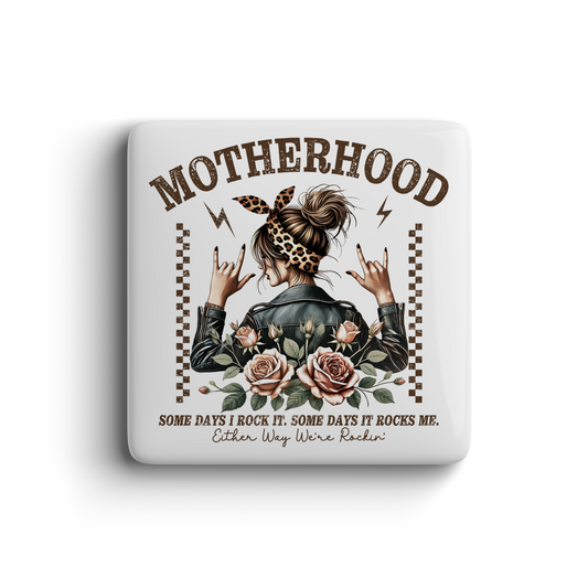 Motherhood magnet with rock hand signs, leopard bandana mom, roses, and fun quote