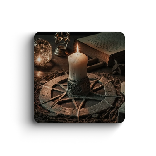 Magnet featuring a mystical candle on a stone compass with witchcraft and occult décor elements