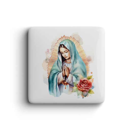Our Lady of Guadalupe magnet with colorful rose and halo, Catholic art decor