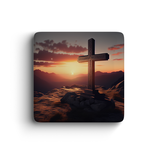 Wooden cross on mountain at sunset with glowing sky, faith-inspired magnet for Christian home décor
